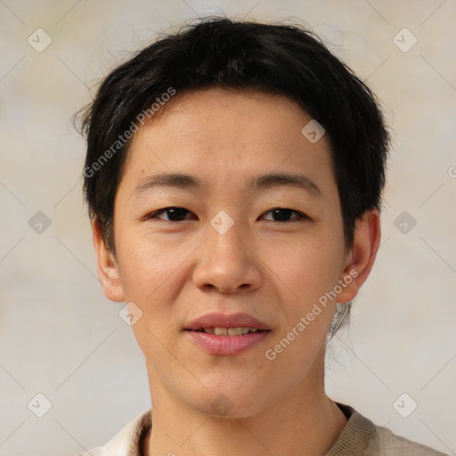 Joyful asian young-adult male with short  brown hair and brown eyes