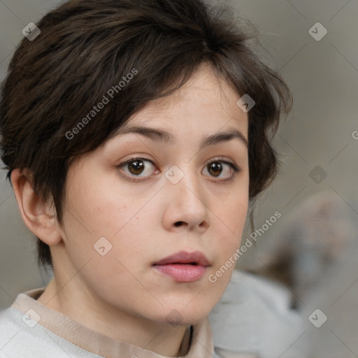 Neutral white young-adult female with medium  brown hair and brown eyes