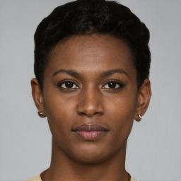 Neutral black young-adult female with short  brown hair and brown eyes