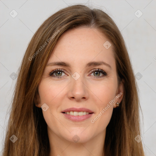 Joyful white young-adult female with long  brown hair and green eyes