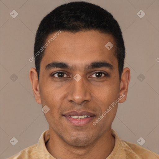 Joyful latino young-adult male with short  black hair and brown eyes