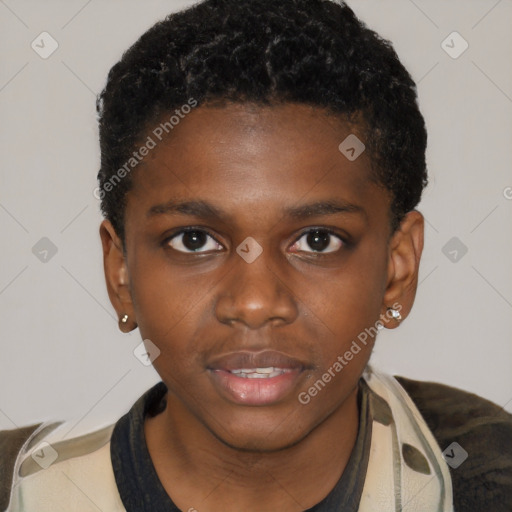 Joyful black young-adult male with short  brown hair and brown eyes