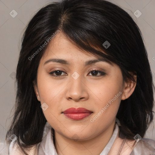 Joyful asian young-adult female with medium  brown hair and brown eyes