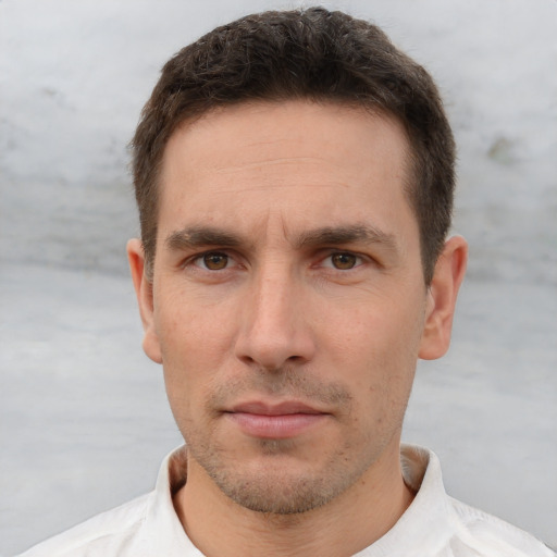 Neutral white adult male with short  brown hair and brown eyes