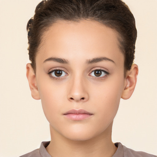 Neutral white young-adult female with short  brown hair and brown eyes