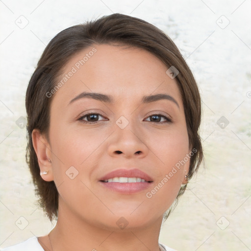 Joyful white young-adult female with medium  brown hair and brown eyes