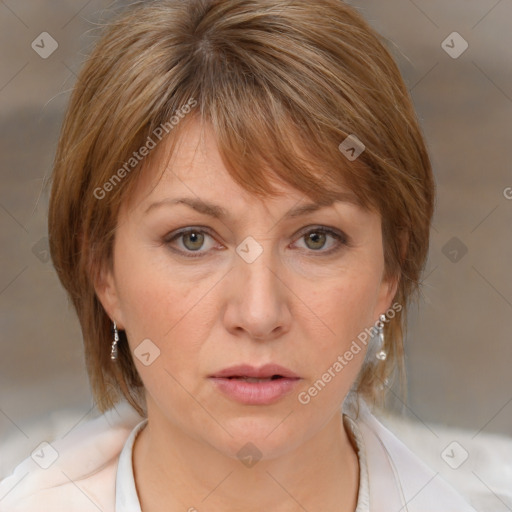 Neutral white adult female with medium  brown hair and brown eyes