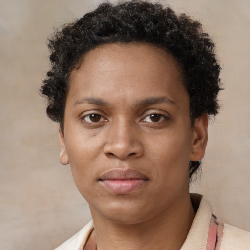 Neutral black young-adult female with short  brown hair and brown eyes