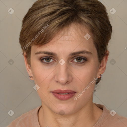 Joyful white young-adult female with short  brown hair and brown eyes