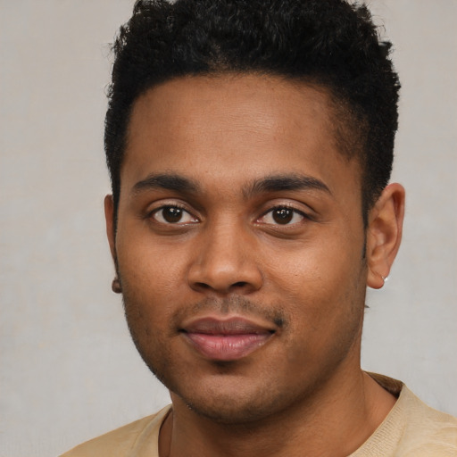 Neutral black young-adult male with short  black hair and brown eyes