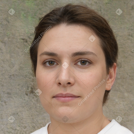 Neutral white young-adult female with short  brown hair and brown eyes