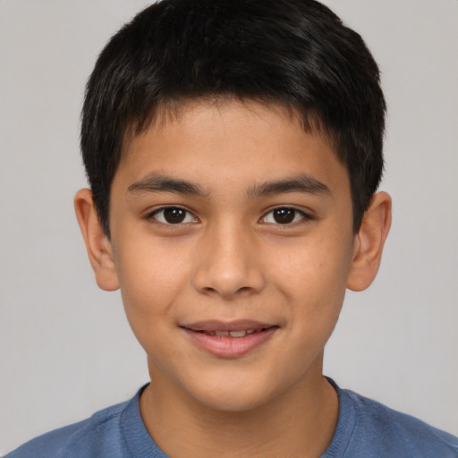 Joyful latino child male with short  brown hair and brown eyes
