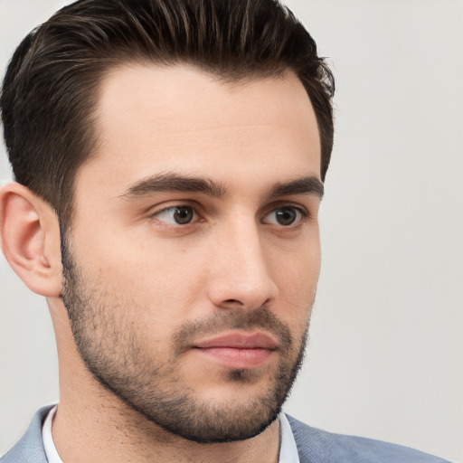 Neutral white young-adult male with short  brown hair and brown eyes