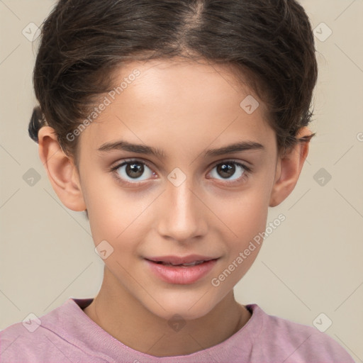 Joyful white child female with short  brown hair and brown eyes