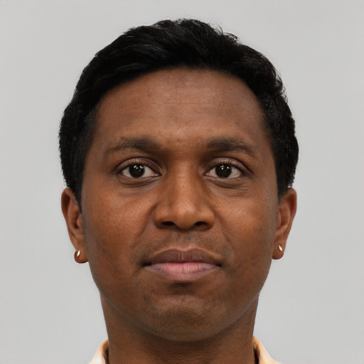 Neutral black adult male with short  black hair and brown eyes