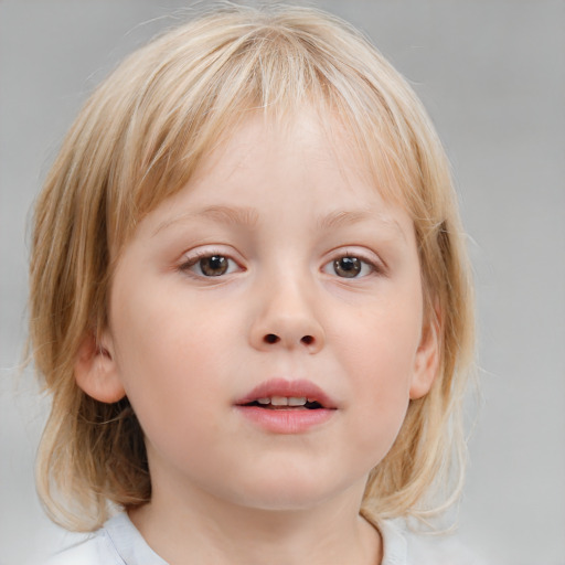 Neutral white child female with medium  brown hair and blue eyes