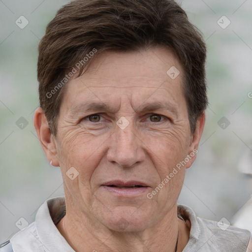 Joyful white middle-aged male with short  brown hair and brown eyes