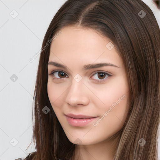 Neutral white young-adult female with long  brown hair and brown eyes