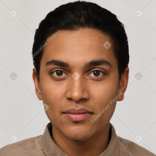 Neutral latino young-adult male with short  black hair and brown eyes