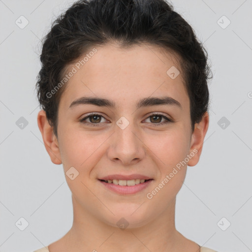 Joyful white young-adult female with short  brown hair and brown eyes