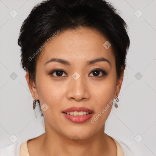 Joyful asian young-adult female with short  brown hair and brown eyes