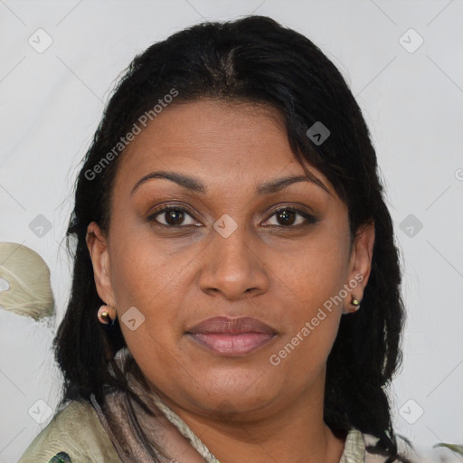 Joyful asian adult female with medium  brown hair and brown eyes