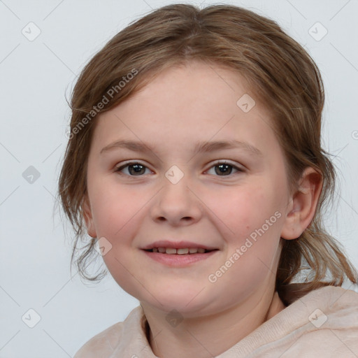 Joyful white child female with medium  brown hair and brown eyes