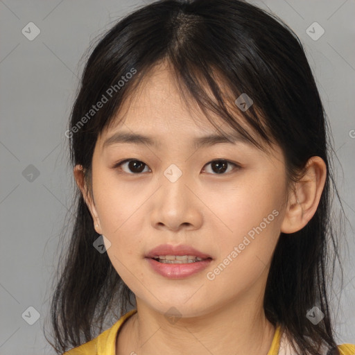 Neutral asian young-adult female with medium  brown hair and brown eyes