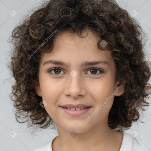 Joyful white child female with medium  brown hair and brown eyes