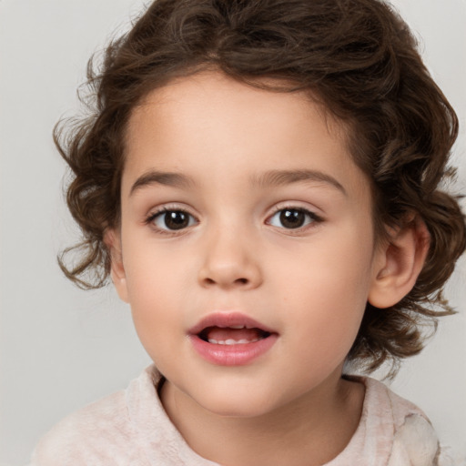 Joyful white child female with medium  brown hair and brown eyes