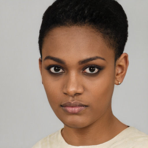 Neutral black young-adult female with short  black hair and brown eyes