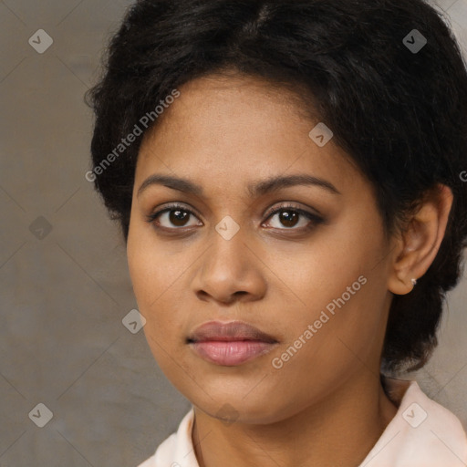 Neutral black young-adult female with medium  brown hair and brown eyes