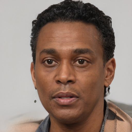 Neutral black adult male with short  black hair and brown eyes