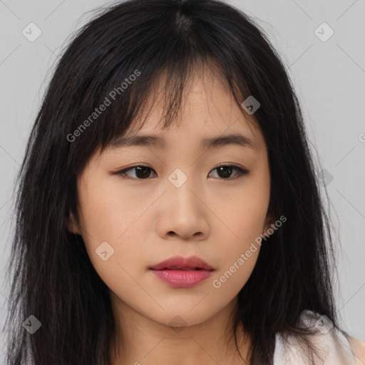 Neutral asian young-adult female with long  brown hair and brown eyes