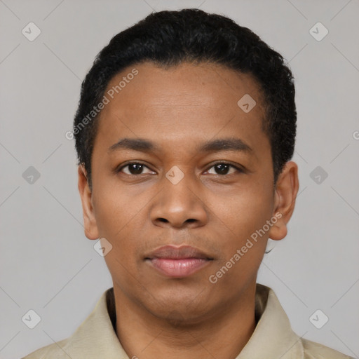 Neutral black young-adult male with short  black hair and brown eyes