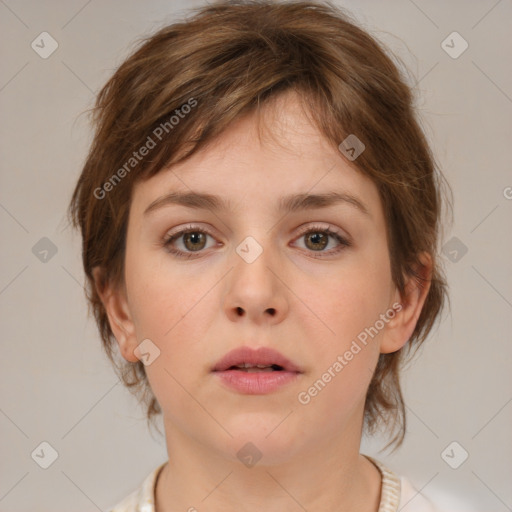 Neutral white young-adult female with medium  brown hair and grey eyes