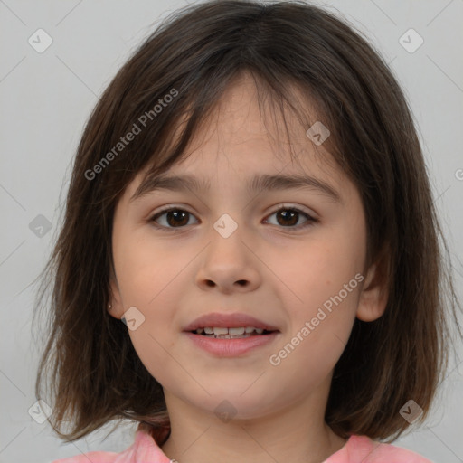 Joyful white child female with medium  brown hair and brown eyes