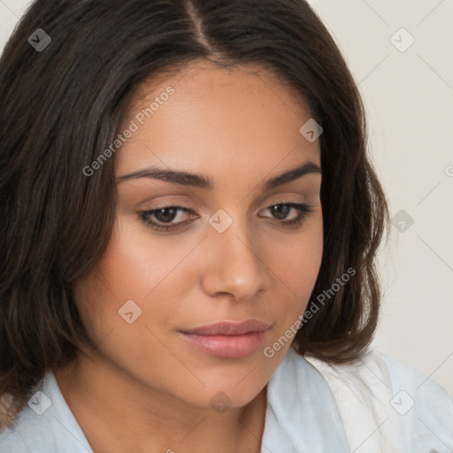 Neutral white young-adult female with medium  brown hair and brown eyes