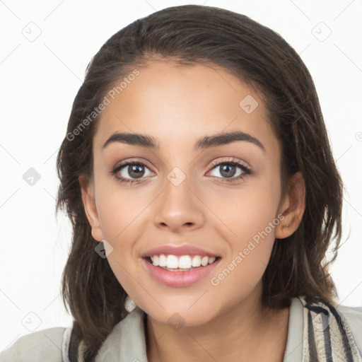 Joyful white young-adult female with long  brown hair and brown eyes