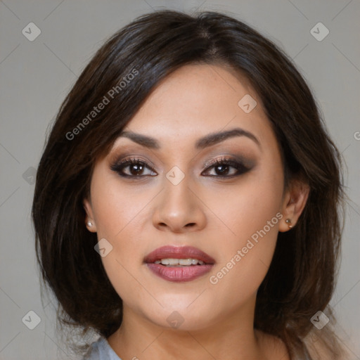 Joyful white young-adult female with medium  brown hair and brown eyes