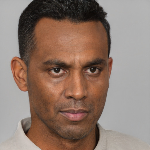 Neutral latino adult male with short  black hair and brown eyes