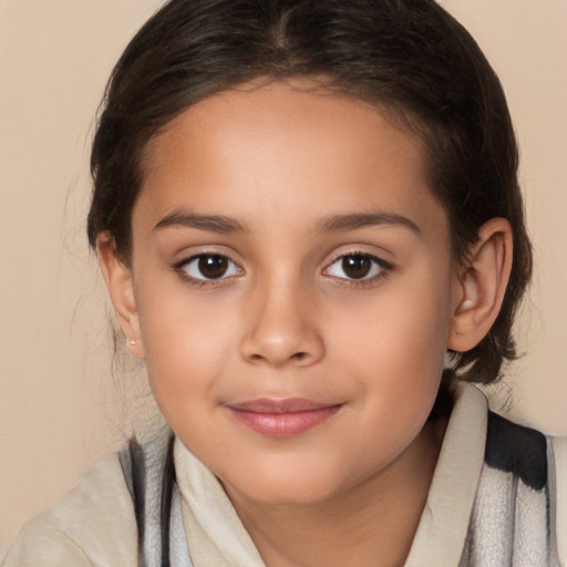 Joyful white child female with medium  brown hair and brown eyes