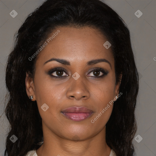 Joyful black young-adult female with medium  brown hair and brown eyes