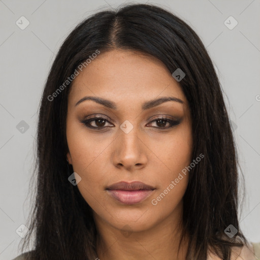 Neutral latino young-adult female with long  brown hair and brown eyes