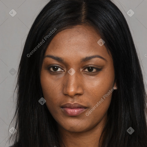 Neutral asian young-adult female with long  black hair and brown eyes