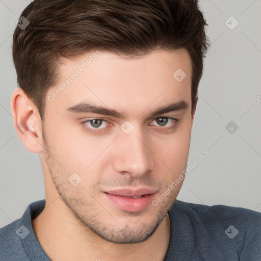 Neutral white young-adult male with short  brown hair and brown eyes