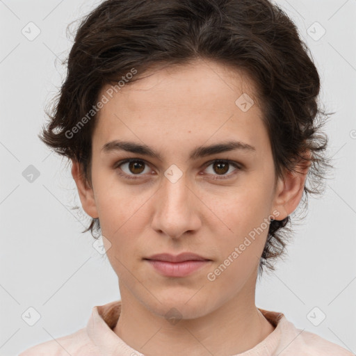 Neutral white young-adult female with short  brown hair and brown eyes