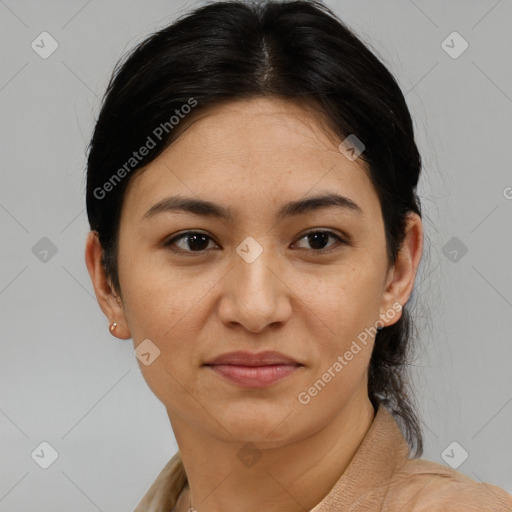 Joyful latino young-adult female with medium  brown hair and brown eyes