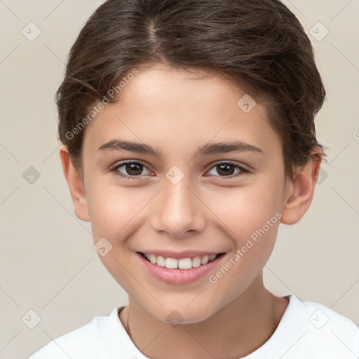 Joyful white child female with short  brown hair and brown eyes