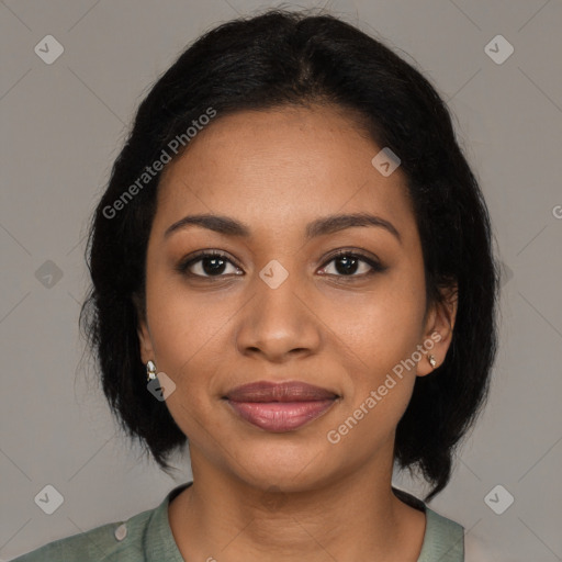 Joyful black young-adult female with medium  black hair and brown eyes